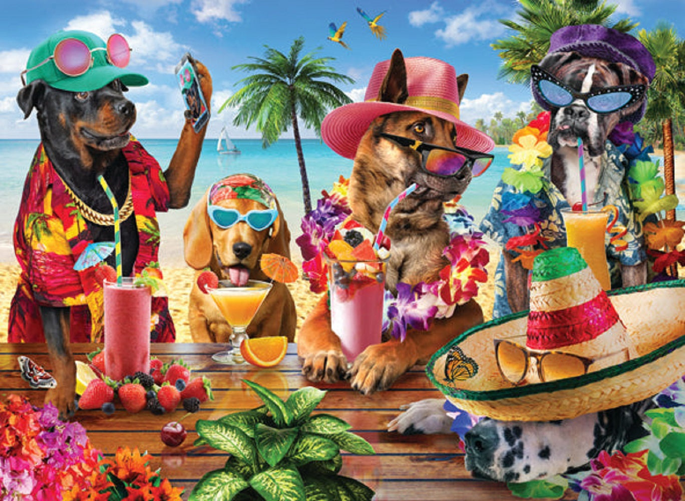 Dogs drinking smoothies on a tropical beach 1000 pc  Jigsaw Puzzle 1102