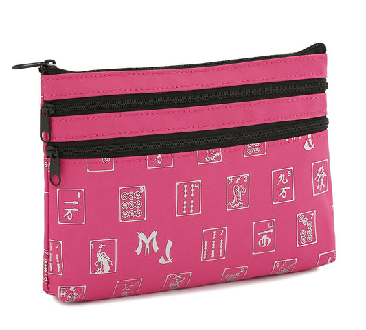 Fuchsia and Silver (Pink) Pattern 3-Zipper Purse for Mahjong, holds 2025 card, easy to clean, designer style     132696