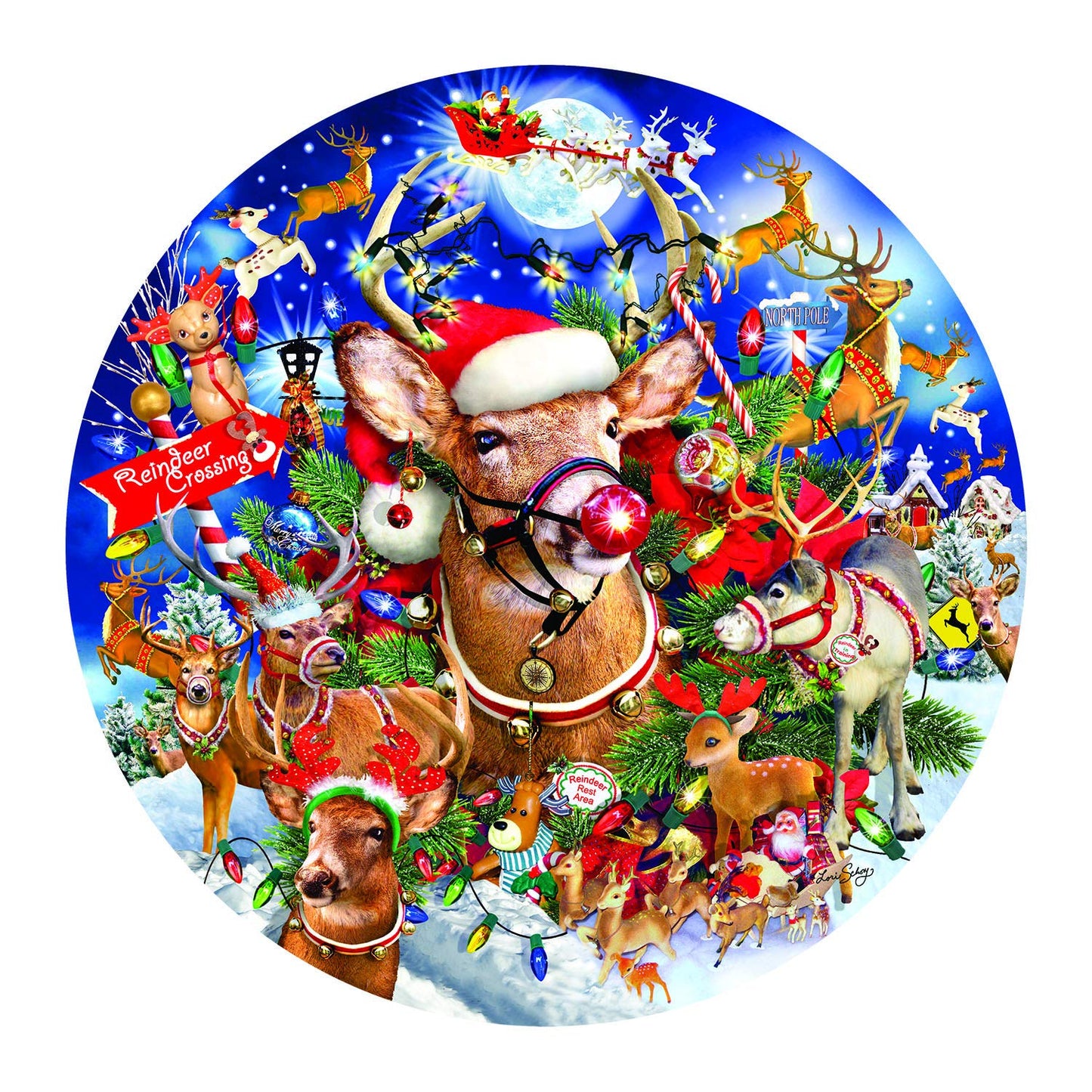 Reindeer Madness 1000 pc Round Jigsaw Puzzle 35114