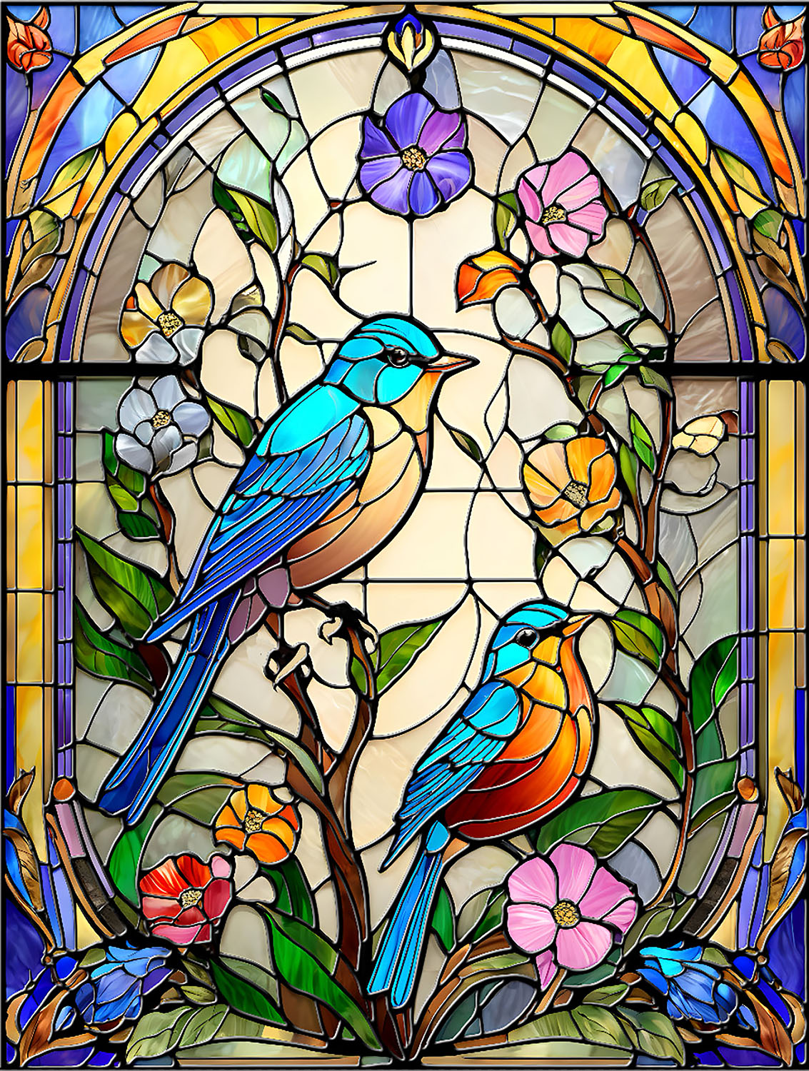 Stained Glass Flowers and Bluebirds 500 pc  Jigsaw Puzzle 71857