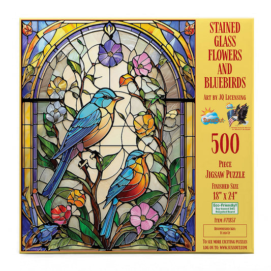 Stained Glass Flowers and Bluebirds 500 pc  Jigsaw Puzzle 71857